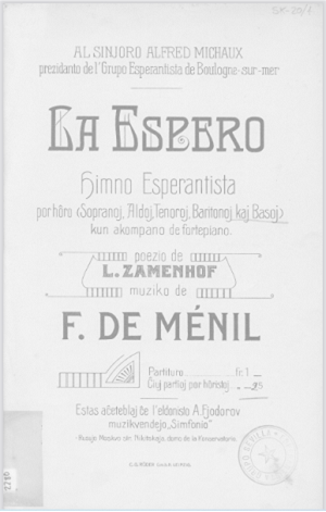 Partitura de La Espero publicada en Moscú, ca. 1910.
